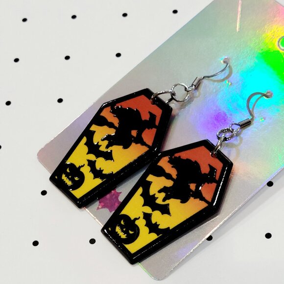 Yellow Orange Witch with Bats and Pumpkin Coffin Earrings Stainless Steel Hooks - Picture 5 of 6